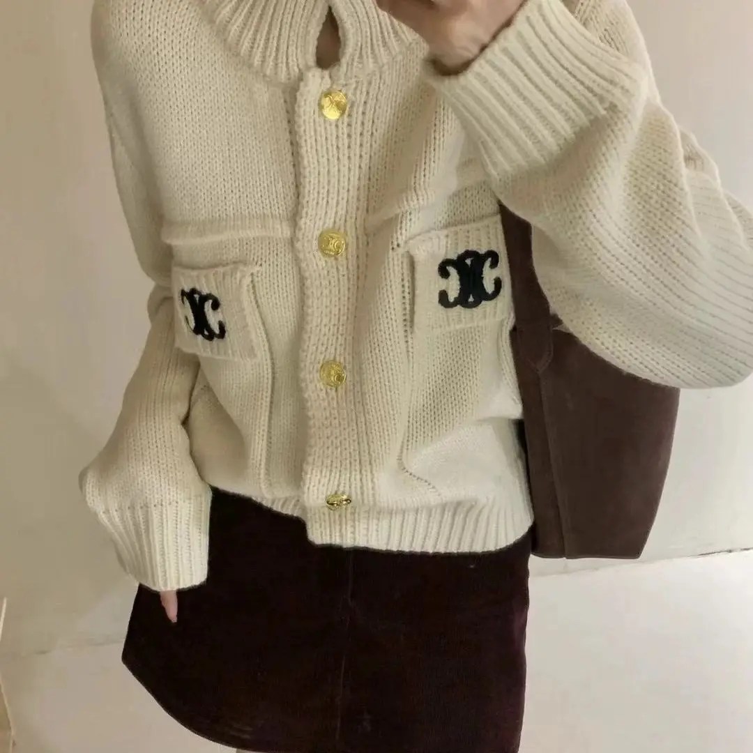 

French Style Stand Up Collar Sweater Jacket for Women Autumn Winter Embroidered Knitted Cardigan Tops Fashion Women's Clothing