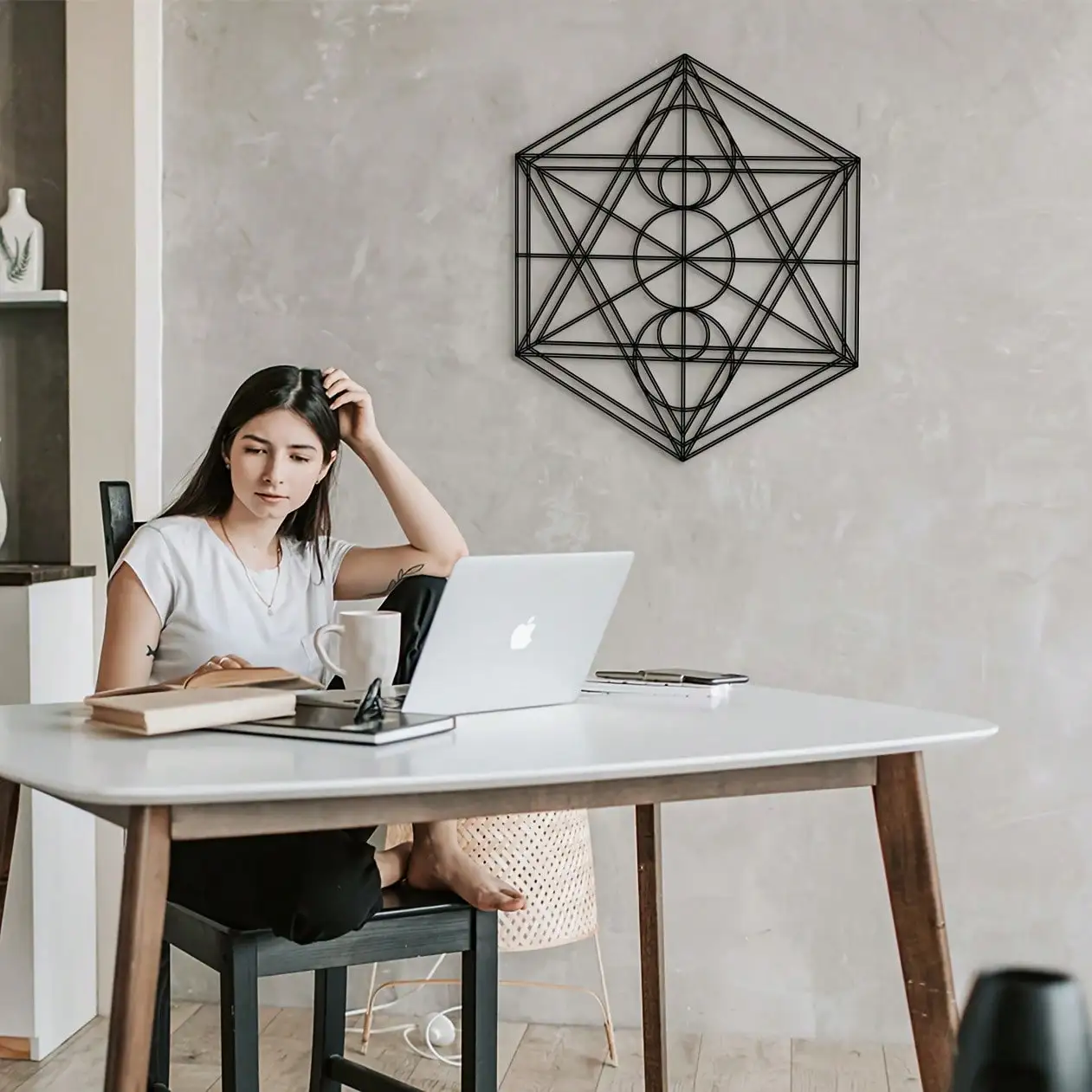 Sacred Geometry Metatron Cube Iron Wall Art Line Metal Decor Rustproof Hanging for Home Living Room Housewarming Gift