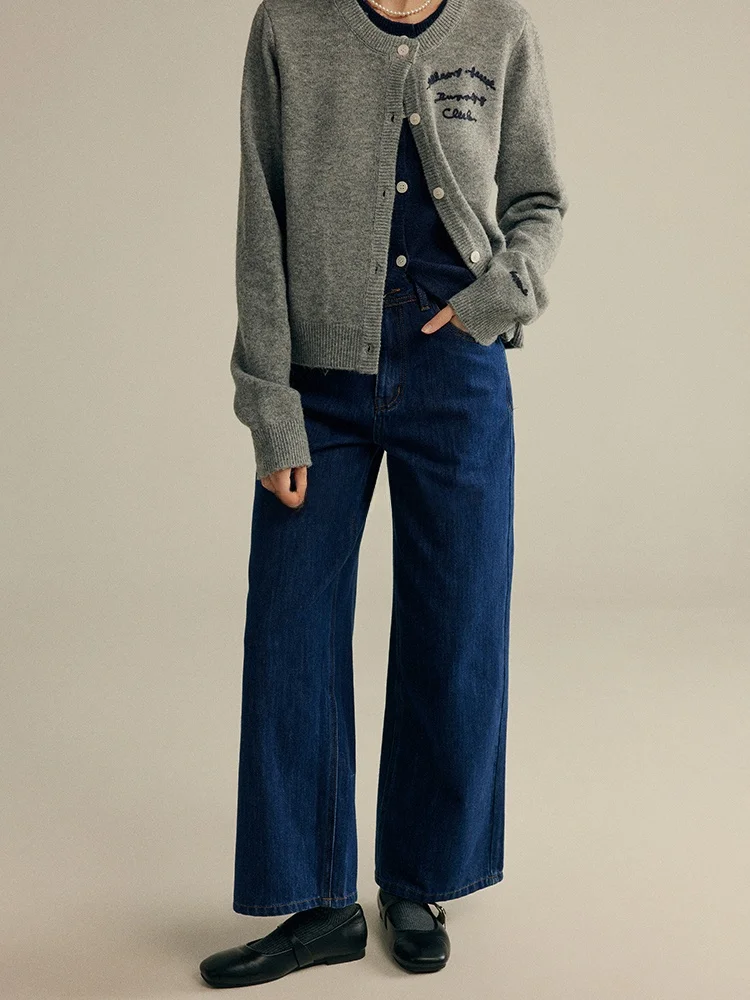 

Deep Blue Spring Autumn mid Waist Wide Leg Jeans Women's Loose Slimming Casual Pants Comfortable Fit Stand Size