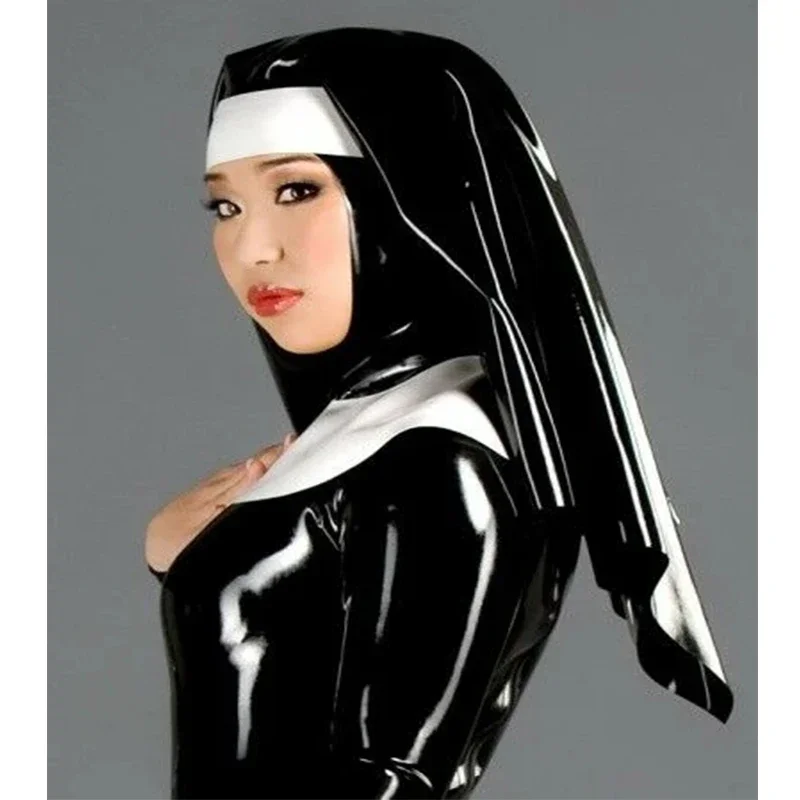 

Latex Hood Nun Halloween Cosplay Costumes Rubber Mask Black with White for Women