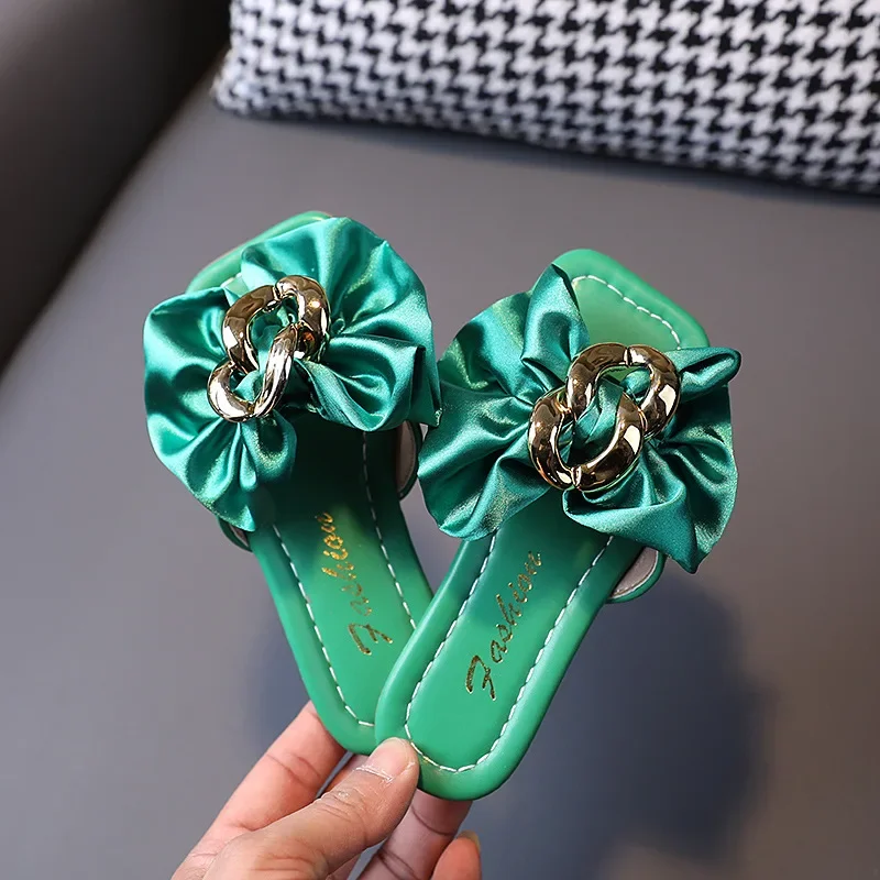 Girls Satin Bow Kids Versatile Slippers 2024 Summer New Green Simple Korean Kids Fashion Flat-bottomed Flip-flops Beach Shoes