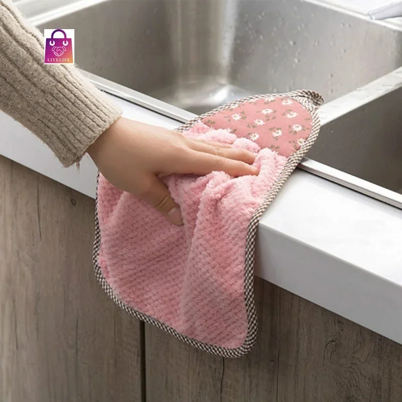 Coral Velvet Hand Towel Hanging Absorbent Towel Thickened Kitchen Hanging Towel Cleaning Rag Dish  Cloths household