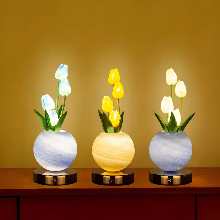 

LED Tulip Night Light with USB Charge Dimming Artificial Flower with Vase Lamp Desktop Decorative Landscape Light for Home Decor