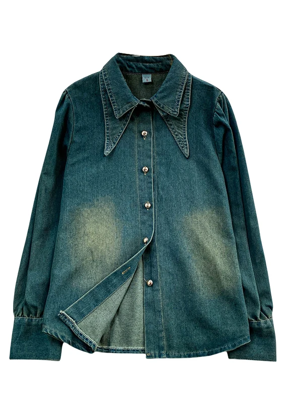 Retro American Worn-look adient Blue Double-layer Collar Denim Jaet Women's Loose Casual All-match Autumn Winter Top