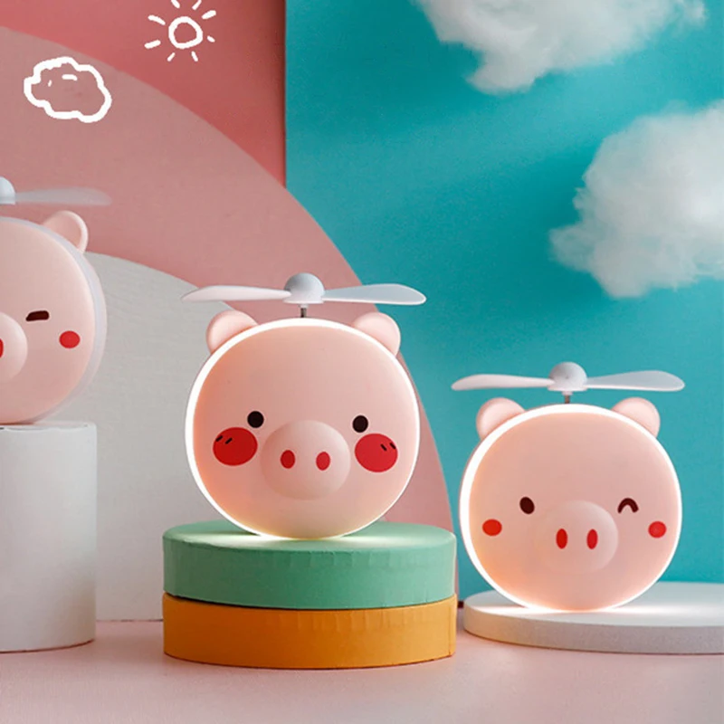 Cute Piggy Makeup Mirror With Led Light Handheld Cosmetic Mirror With Small Fan Girls Travel Portable Vanity Mirror HD Mirror