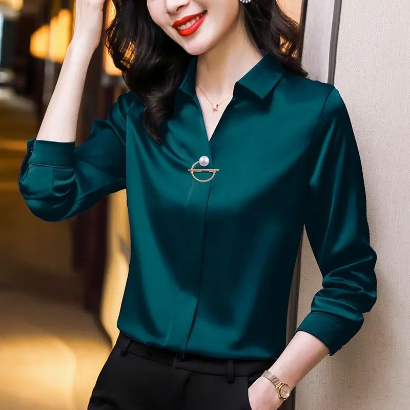 Temperament Long Sleeve Loose Blouse Spring Autumn New Solid Color Polo Neck Office Shirt Tops Elegant Fashion Women Clothing