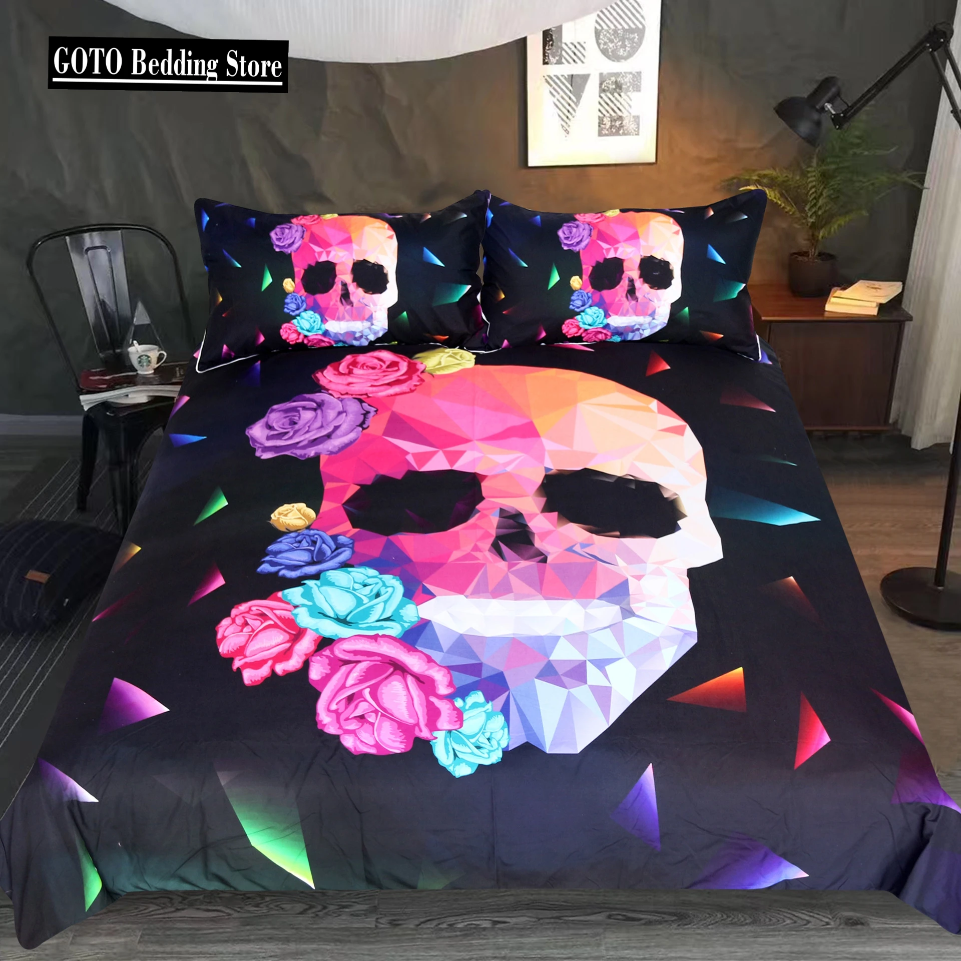 

Hot Bedding Set Happy Halloween Duvet Cover Sets Home Textile Rose Coloured Light Bedclothes Quilt Cover Pillowcases skull