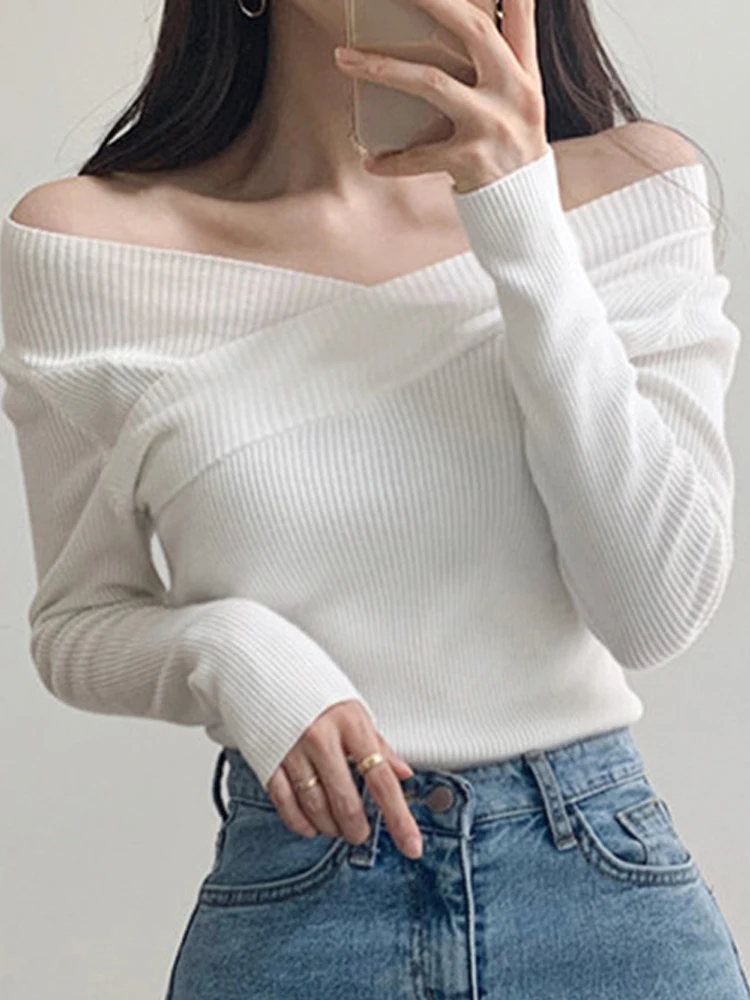 

Off Shoulder Sweater Women Elegant Fashion Knitted Pullover Female Slash Neck Slim Basic Jumper Autumn Chic Knitwear Top Ladies