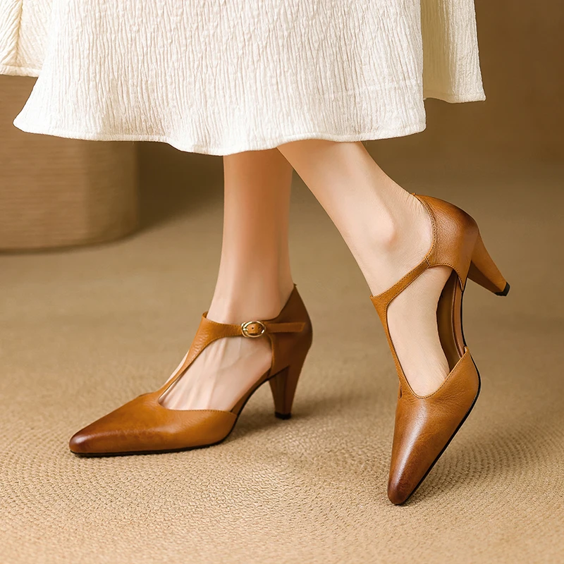 

﻿ Genuine Leather Cowhide Women's Sandals,Pointed Toe Fashion Women Shoes,T-strap Elegant Summer High Heels