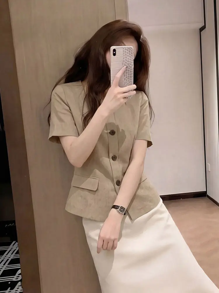

Fashionable Slimming Square Collar Short Sleeve Shirt Women's High End Feel Single Button Design Commute Style Korean Fit