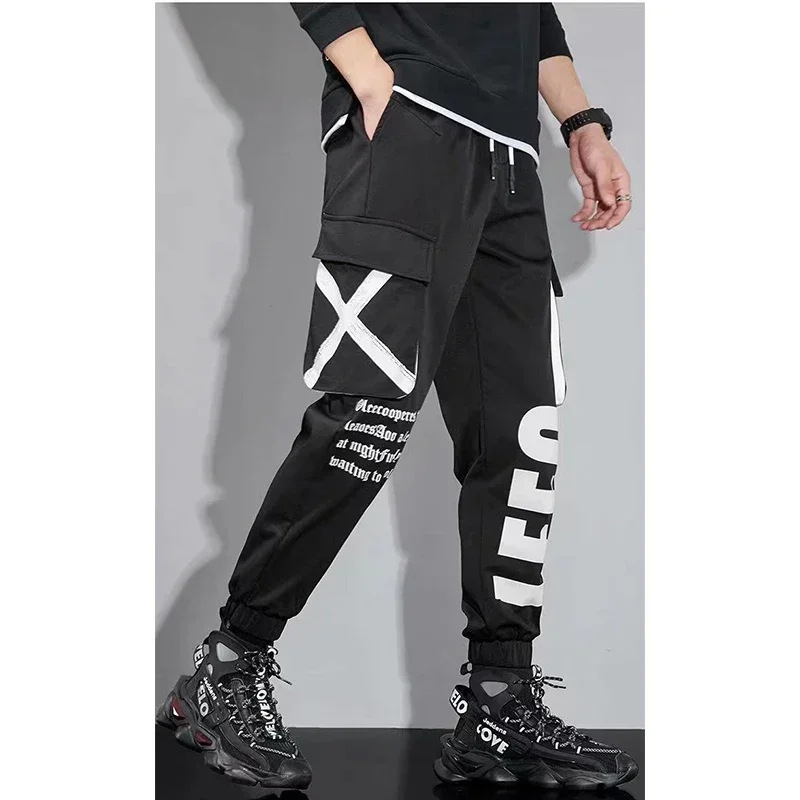 Classic Streetwear Casual Pants Men Ribbons Jogging Pants Male Slim Fit Spring Cargo Pants Multi-Pockets Trouser