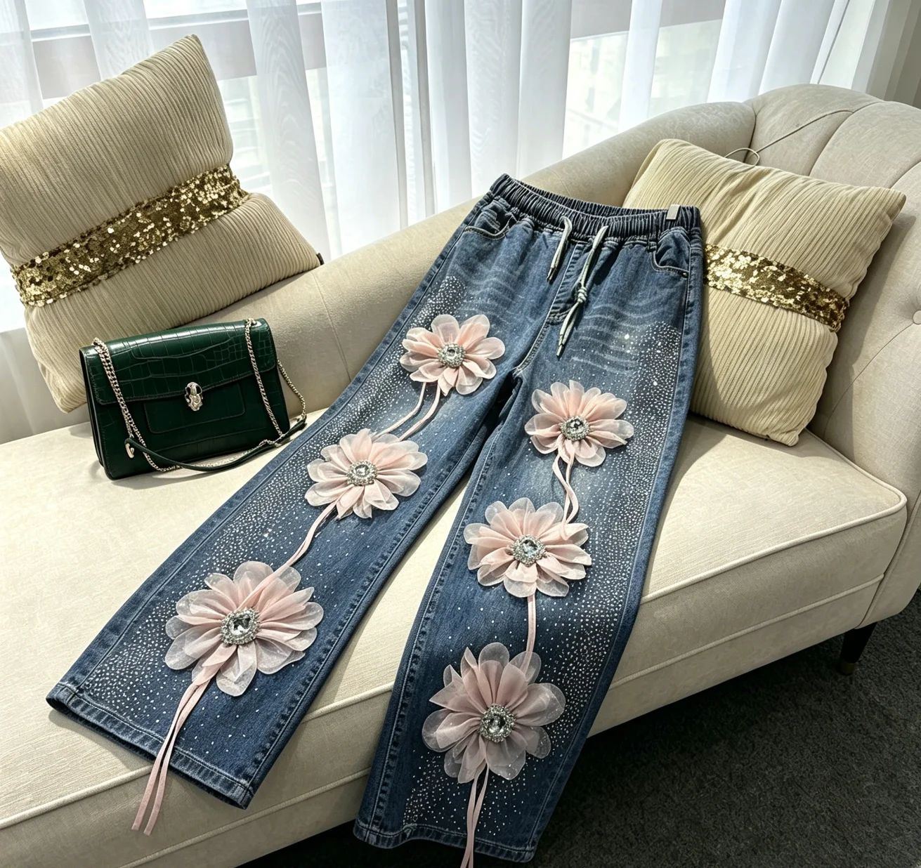Trendy New Spring Summer Loose Jeans for Women Hot Diamonds 3d Flowers All-match Elastic Waist Casual Wide Leg Denim Trousers