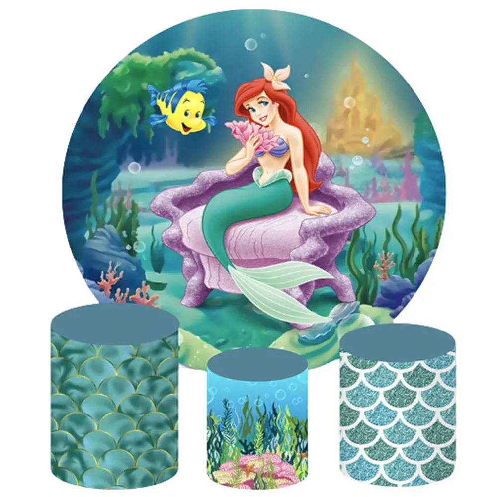 Mermaid Ariel Round Backdrop And 3 Cylinder Covers Background For Photography Baby Shower Girl Birthday Party Decoration Props