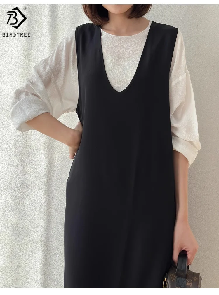 

Birdtree Summer 100% Mulberry Silk Dress,Women Double Crepe Sleeveless O-neck Floral Print Loose Skirt, 2025 New D56515JF