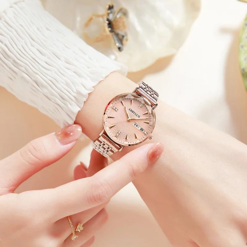 Abbylun 312 Women's Quartz Watch Elegant Minimalist Design Waterproof Luminous Stainless Steel Week Calendar Ladies Watches