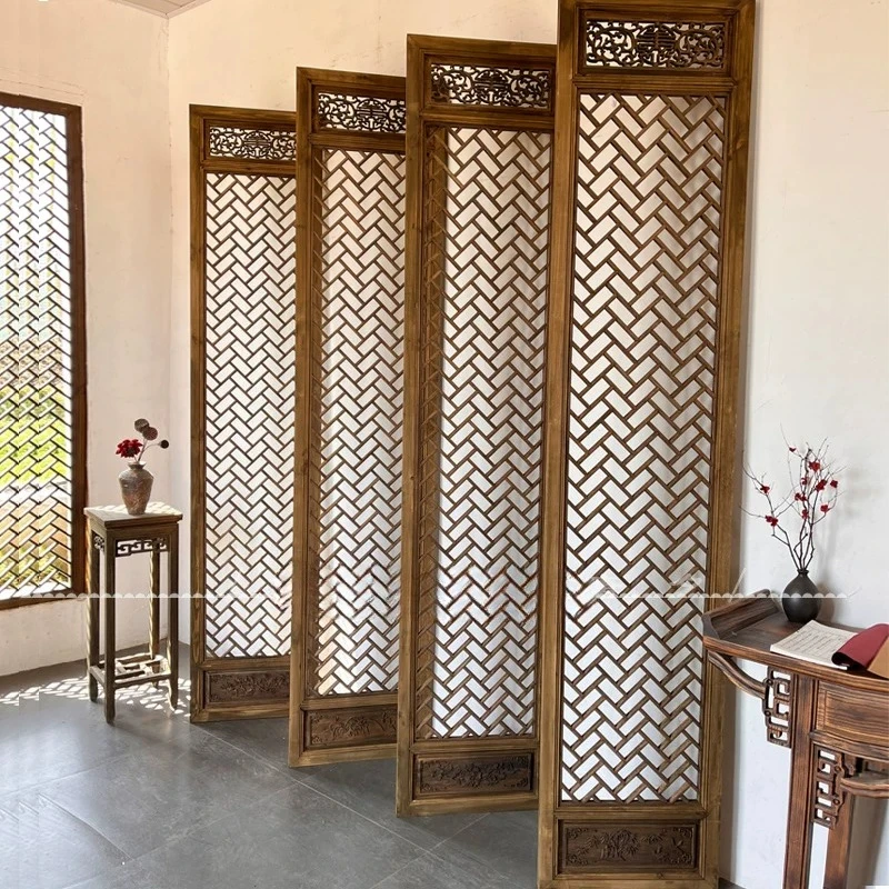 Chinese  wood hollow lattice antique partition screen old tea room background wall wood carving doors and windows live stream