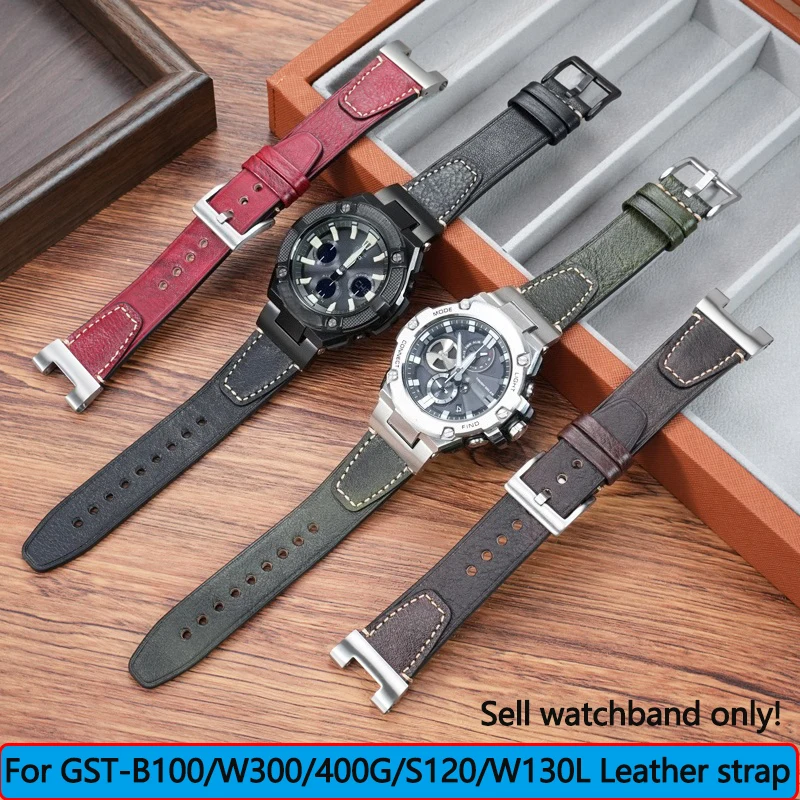 

Модифицированный кожаный ремешок для часов серии Casio GST-B100/S140/T120/W130L/B100/W300 с металлическим адаптером, мужской ремешок для часов
