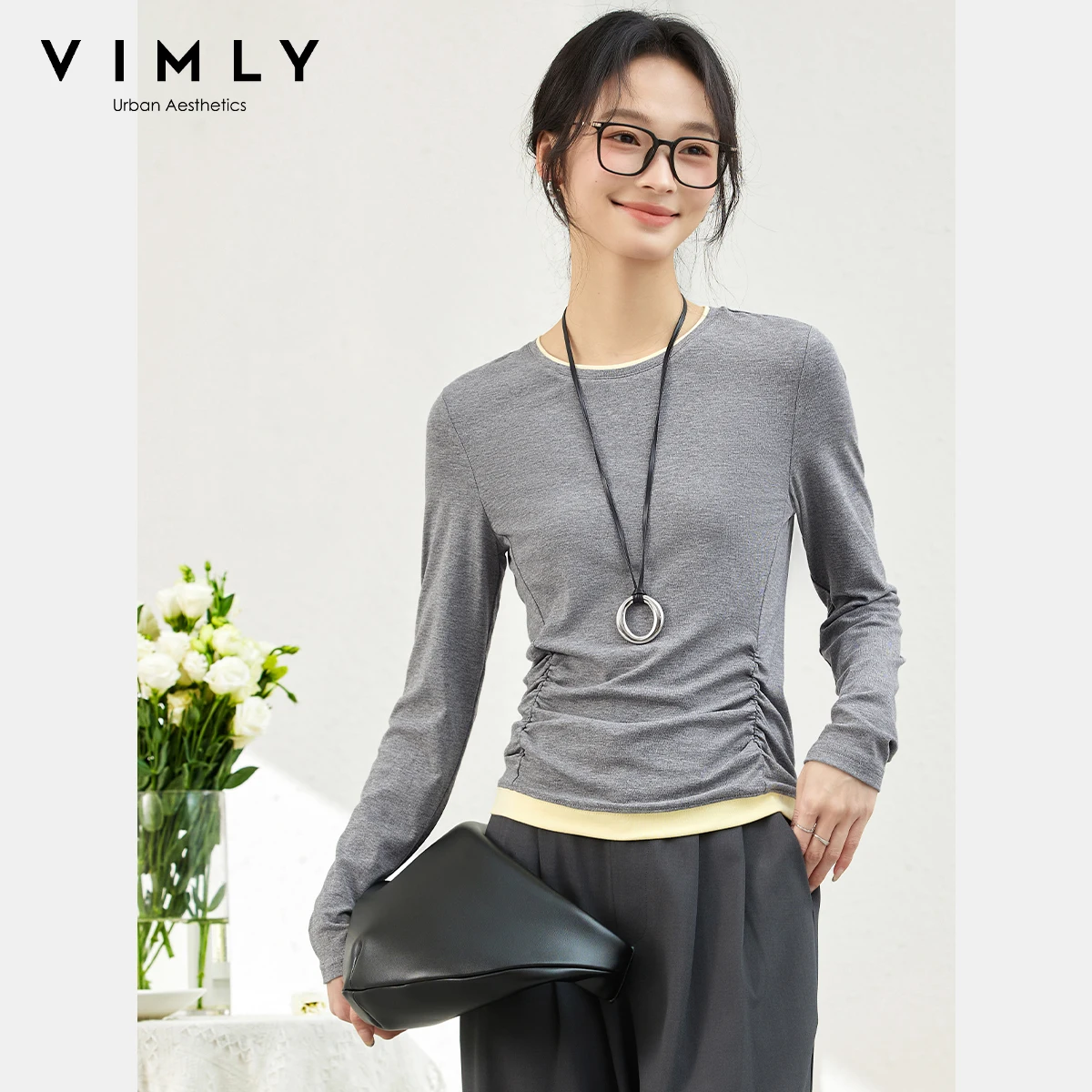 VIMLY Grey Patchwork 2 in 1 T-shirt 2025 Autumn Casual New Long Sleeve Crew Neck Slim Fitting Knitted Tops Female Clothing A1953