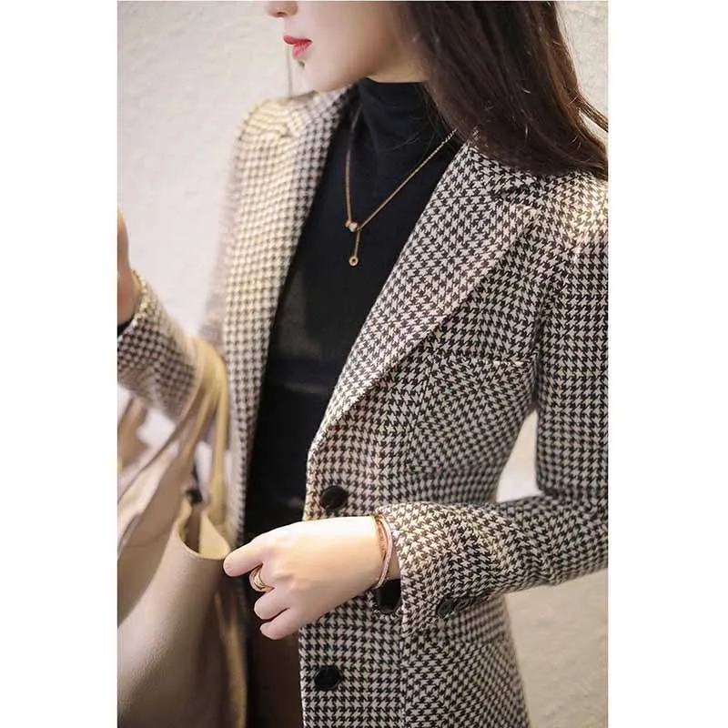 Women Autumn Winter Thousand Bird Plaid Woolen Fabric Small Suit  Female Temperament Mid Length Version Oversized Blazer Coat