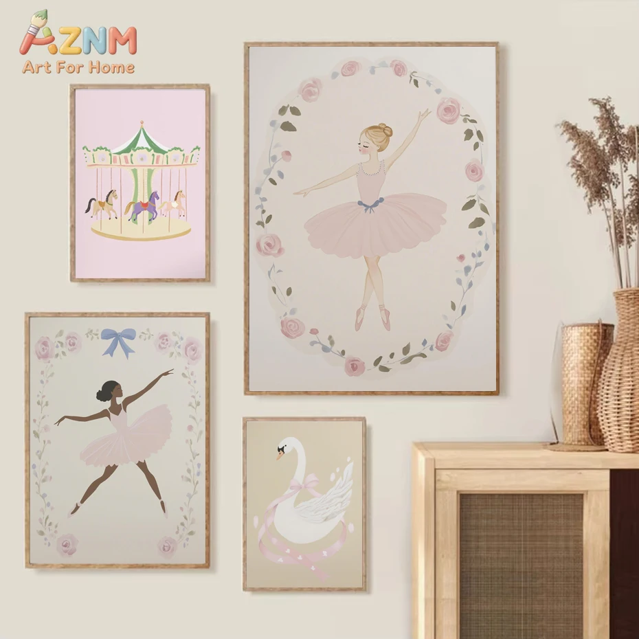 Rosa Ballett-Mädchen Wandkunst Ballett-Schwan-Karussell Blumen Kinderzimmer-Dekoration Elegante Ballett-Rosa Schlafzimmer-Deko Mädchen-Schlafsaal-Dekoration