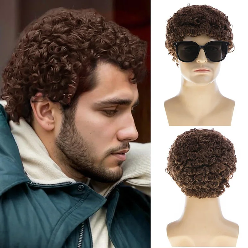 Man Daily Dress Up Headwear Wool Perm Short Hair Evening Party Suit Match Brown Small Roll Headgear Ball Man Ear Length Hair Wig