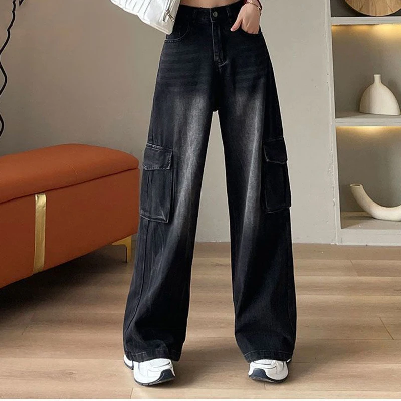 High Street American Design Pocket High Waist Work Pants Loose Oversized Straight Vintage Floor Pants Fashionable Casual Jeans