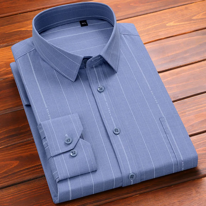 2024 four seasons new viscose bamboo fiber striped plaid men's long sleeve shirt business casual middle-aged and elderly shirts