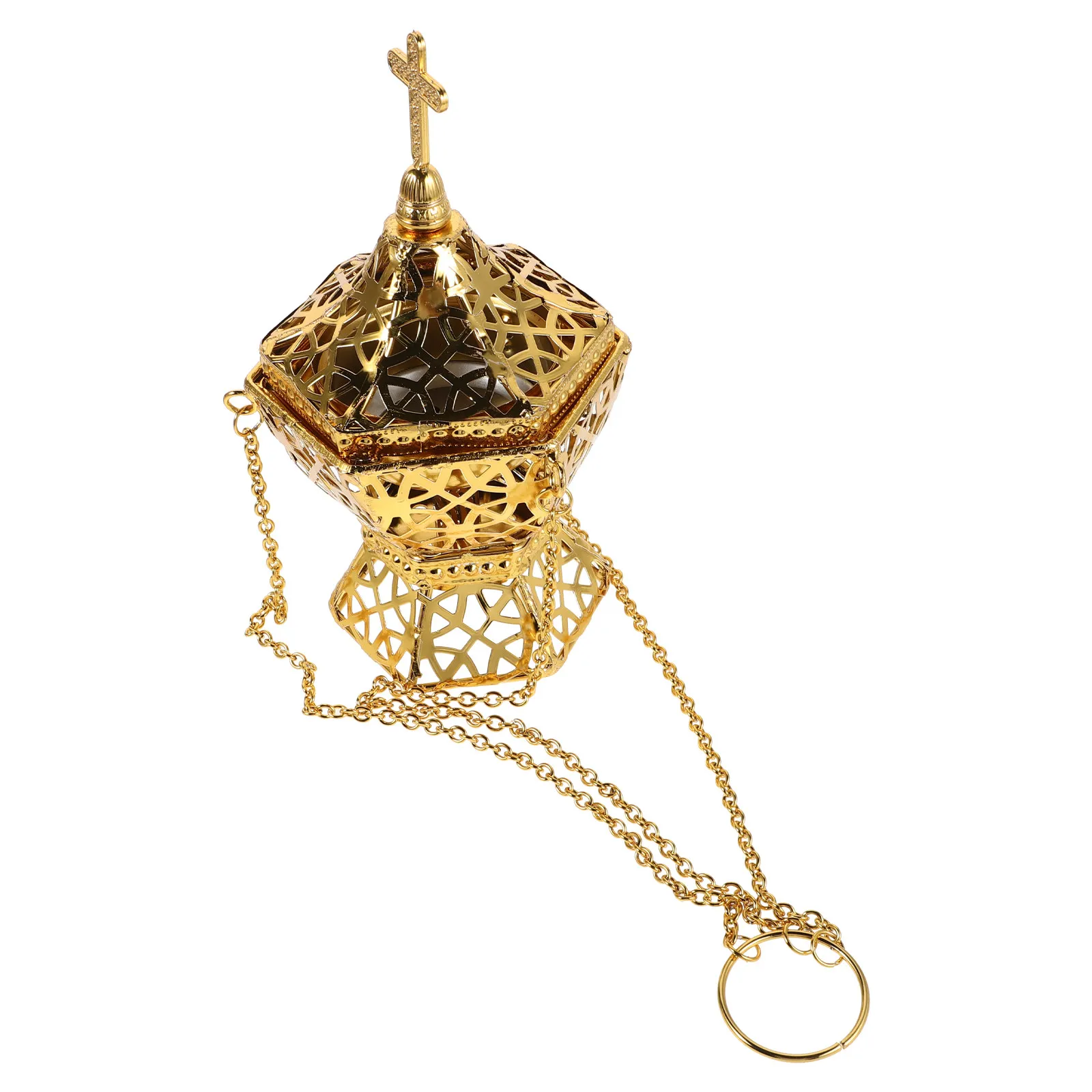 Gold Cross Incense Burner Metal Arabic Bakhoor Burner Hanging Charcoal Censer Incense Holder Catholic Orthodox Christian Church