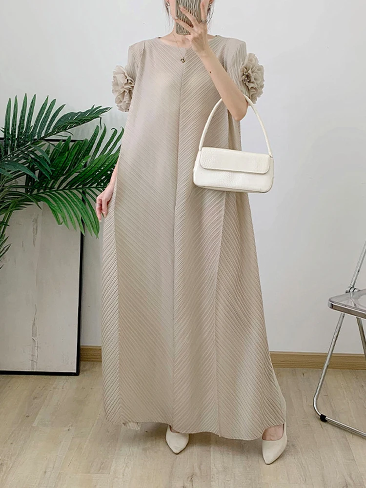 LANMREM Ruffles Sleeves Pleated Dress Women Solid Color Maxi Dresses Loose Elegant Style Party Clothing 2024 Summer 2DA8087