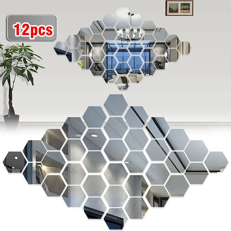 Multi Size 12pcs Removable Acrylic Mirror Setting Hexagon Wall Sticker Decal Honeycomb Mirror for Home Living Room Bedroom Decor