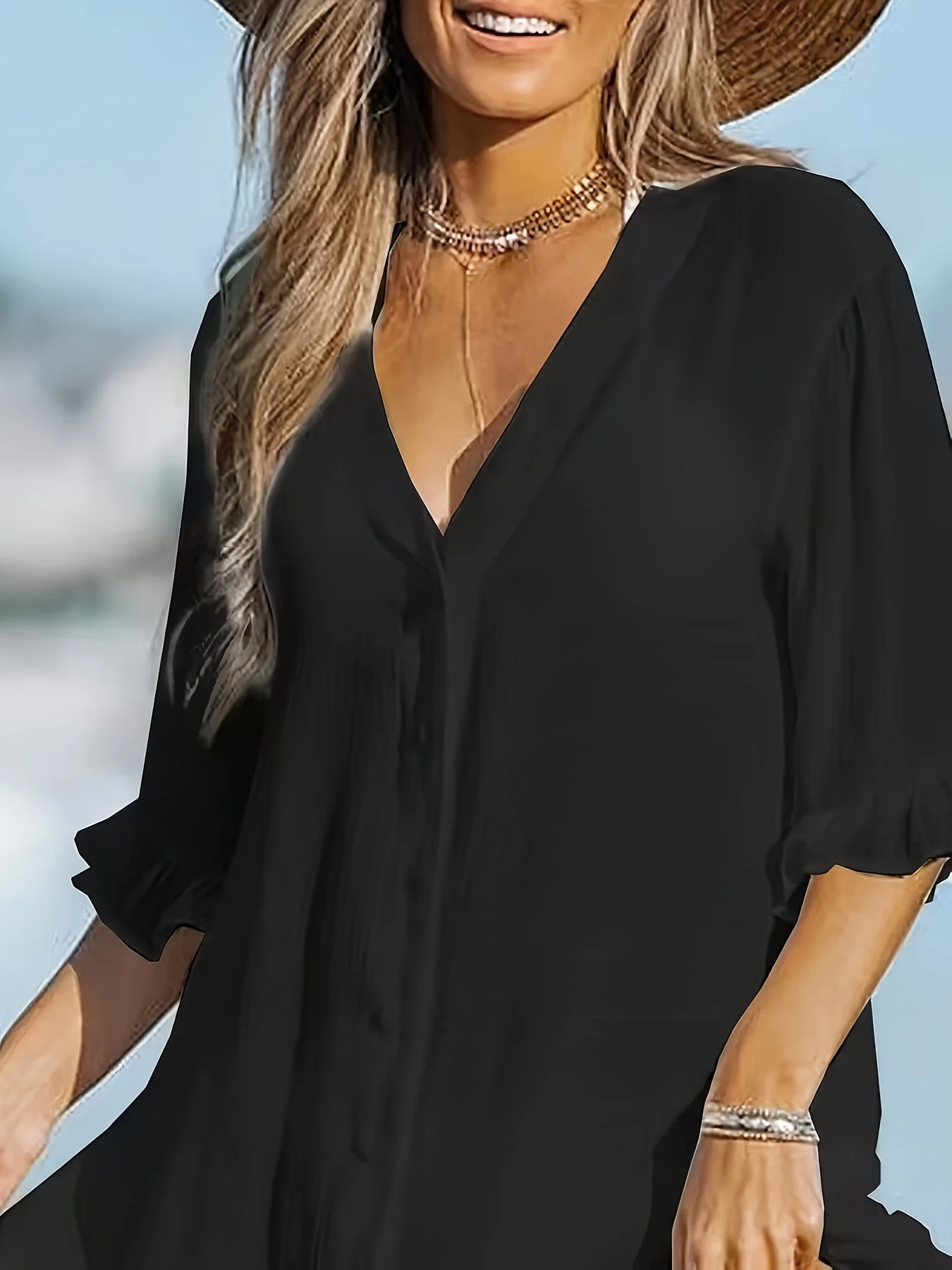 2024ins New Spring and Summer Solid Color V-neck Bohemian Loose Beach Cover-up Dress Vacation Casual Button Down Women\'s Dresses