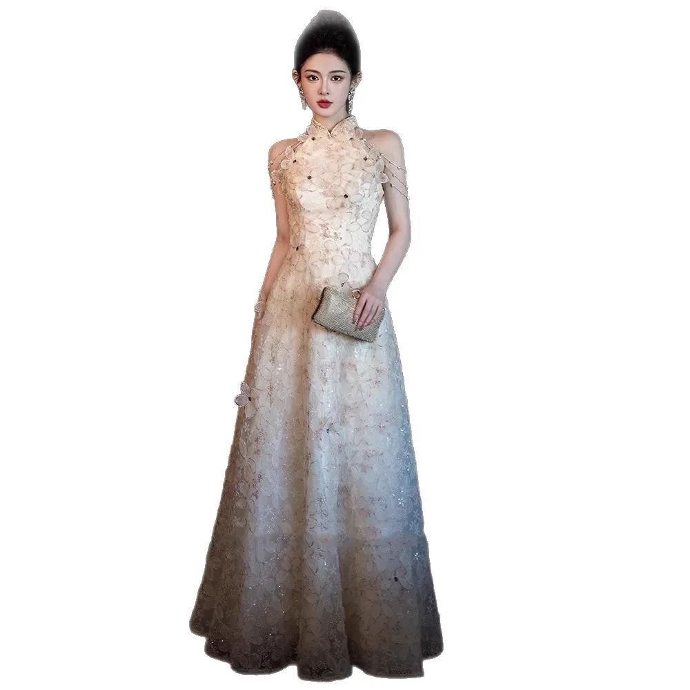 الشمبانيا فستان الخطوبة موضة الرقبة معلقة شيونغسام فساتين الصينية التقليدية الزفاف خمر أنيقة تشيباو ثوب نحيف