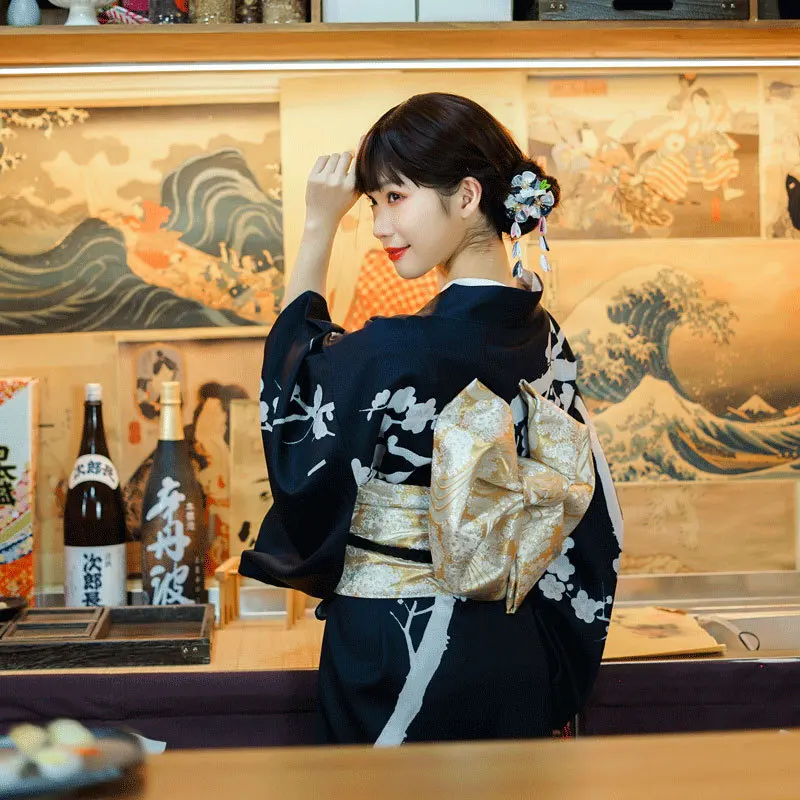 Women's Japanese-Style Formal Kimono Black Color Blackberry Bush Prints Yukata Sets Cosplay Costume Photography Dress