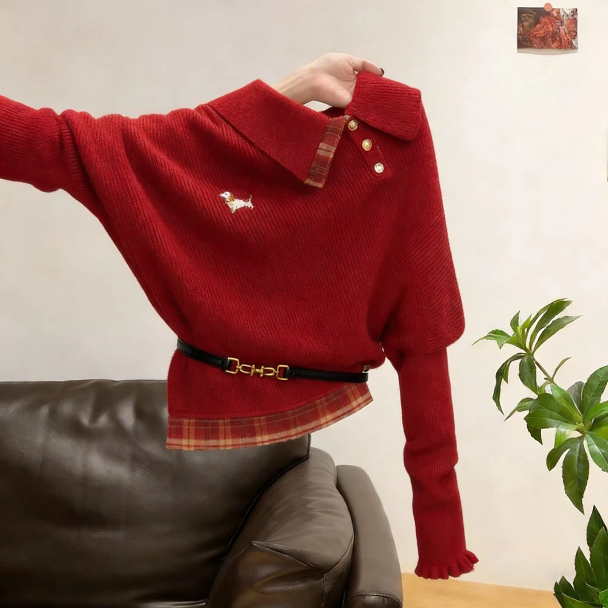 

New Year Aosphere Red Irregular Collar Long Sve Knitted Sweater Women's Spring Autumn Casual Versatile Top