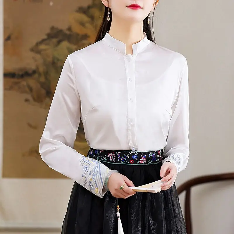 2023 Spring/Summer New Embroidery Chinese Style Standing Collar Single Breasted Top Women's Fashion Long Sleeve Shirt  S-XXL