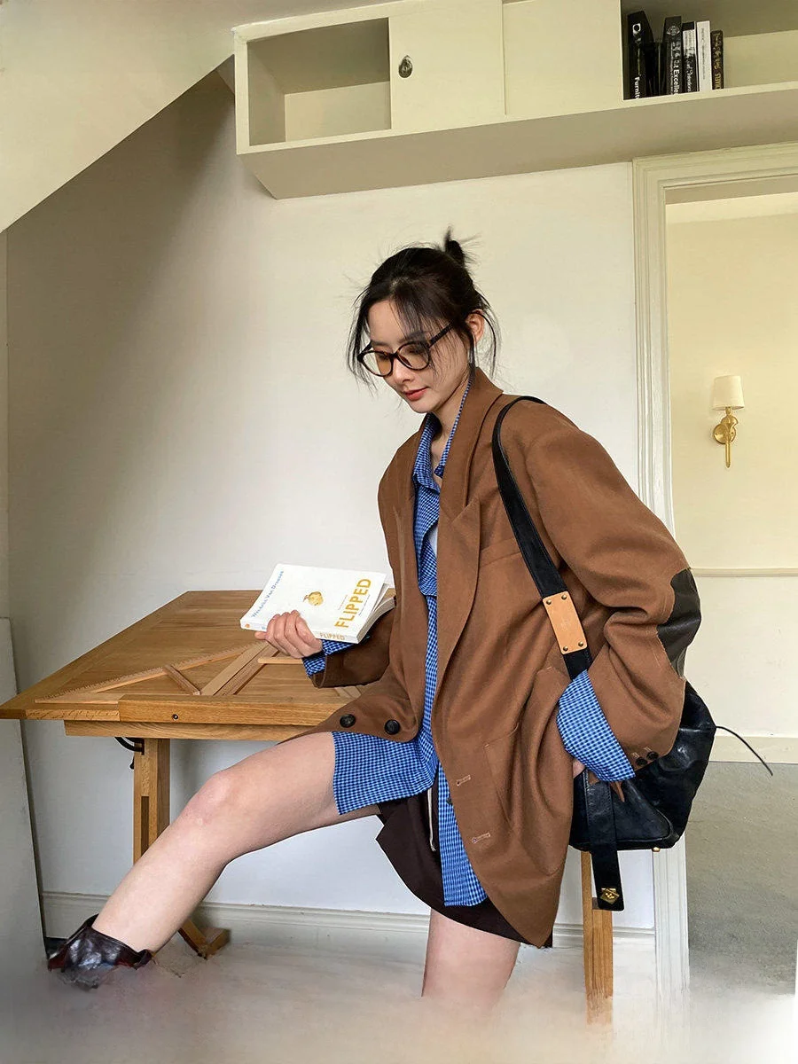 JCCC Monica Slimming Woolen Suit Jacket Casual Loose Style Elbow Patch Leather Design Daily Wear Women's Fashion Outerwear