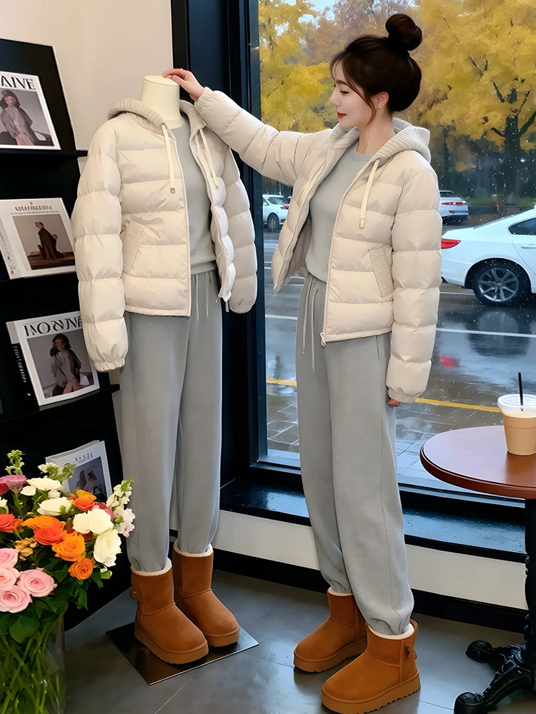Korean Style Vintage Knitted Spliced Hooded Cotton Jacket Women's Autumn Winter Lightweight Loose Cotton Coat Female Outerwear