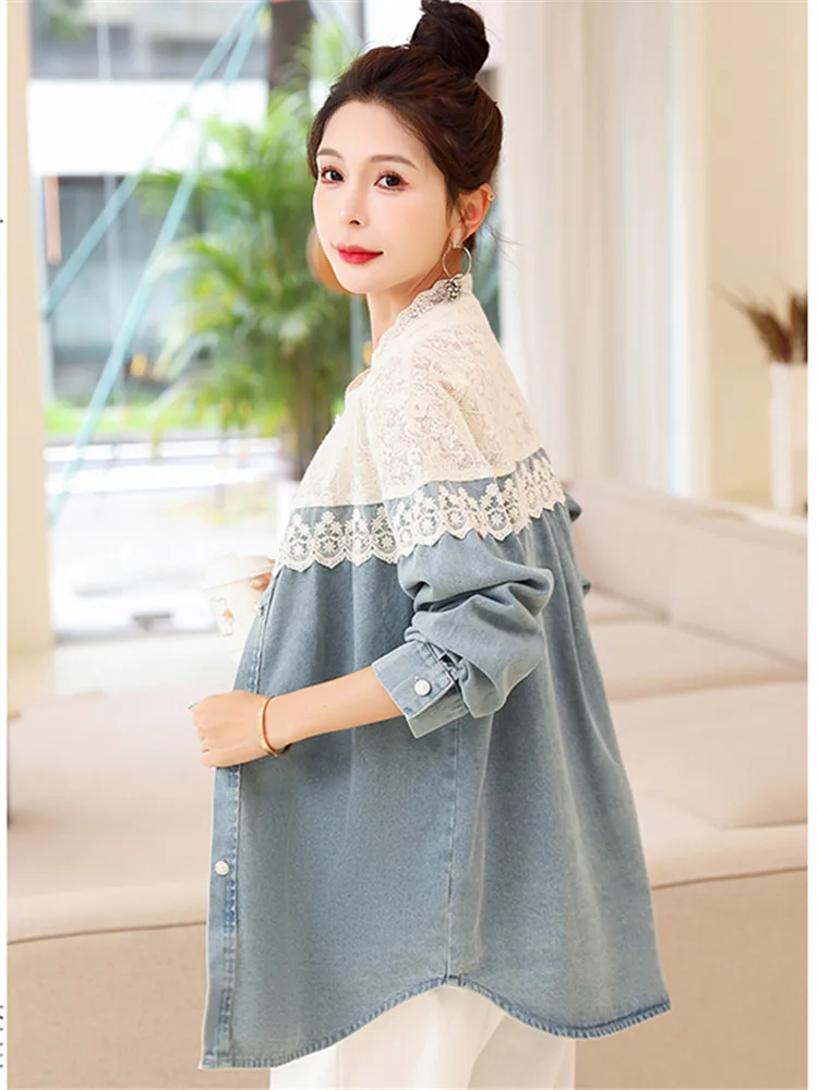 

Women Clothes Color Contrast Lace Stand-Up Collar Shirt 2024 Autumn Fashion Denim Jacket Blue Long-sleeve Top Camisas E Blusas