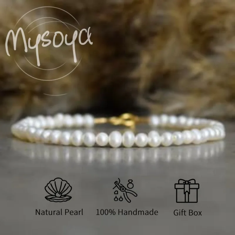 

MYSOYA White Freshwater Pearl Bracelet 3-4mm With Gift Box For Her/Him Birthday/Wedding/Christmas/New Year/Valentine's Day Gift