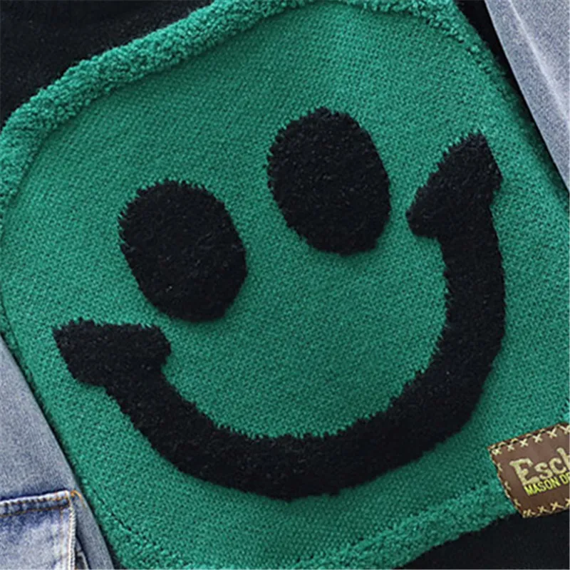 Denim Spliced Knitted Sweater Women O-Neck Long Sleeve Fashion Cartoon Knit Pullovers Female Autumn Winter Warm Loose Sweaters