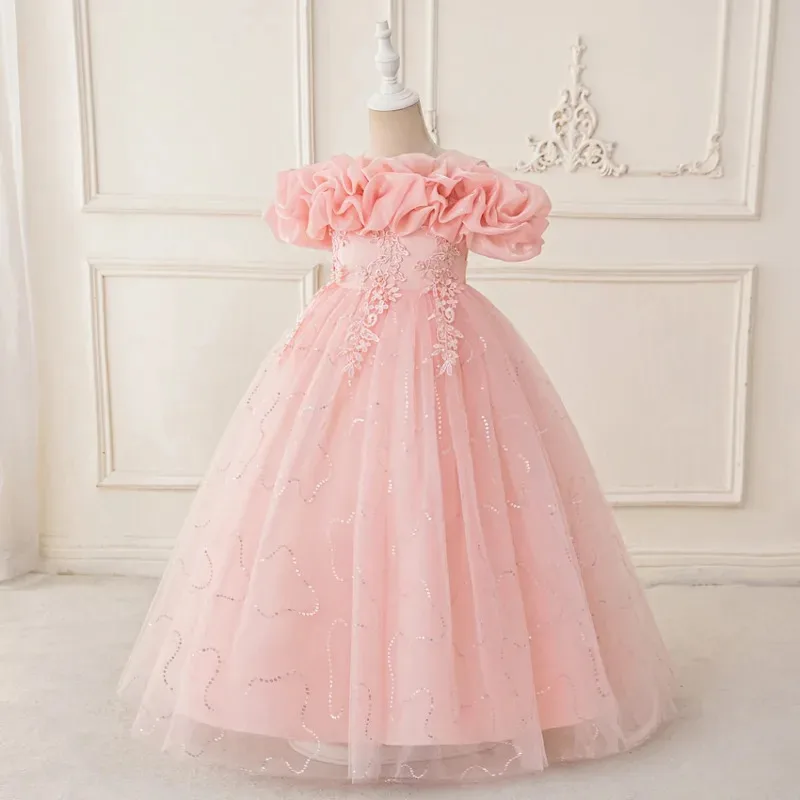 

COSda@Elegant Flower Girls Bridesmaids Dresses Formal Pink Wedding Graduation Long Evening Prom Gown Bow Birthday Party Princess