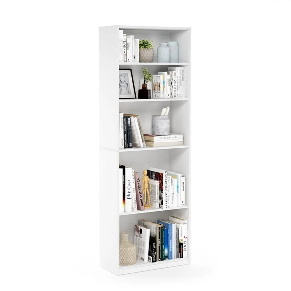 Adjustable 5-Shelf Bookcase Engineered Wood Simple Design Home Storage Space Saving Easy Assembly White Finish