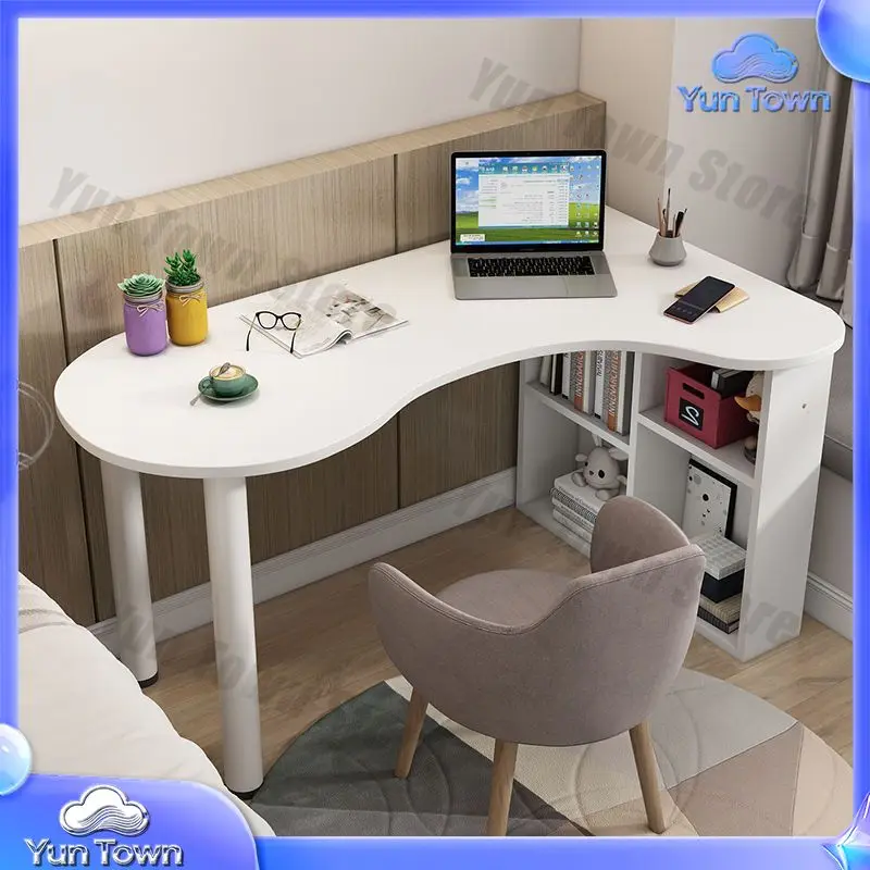 Wooden Corner Desk with Bookcase Curved Computer Desk Nordic Style Combination Desk for Bedroom Home Office and Balcony