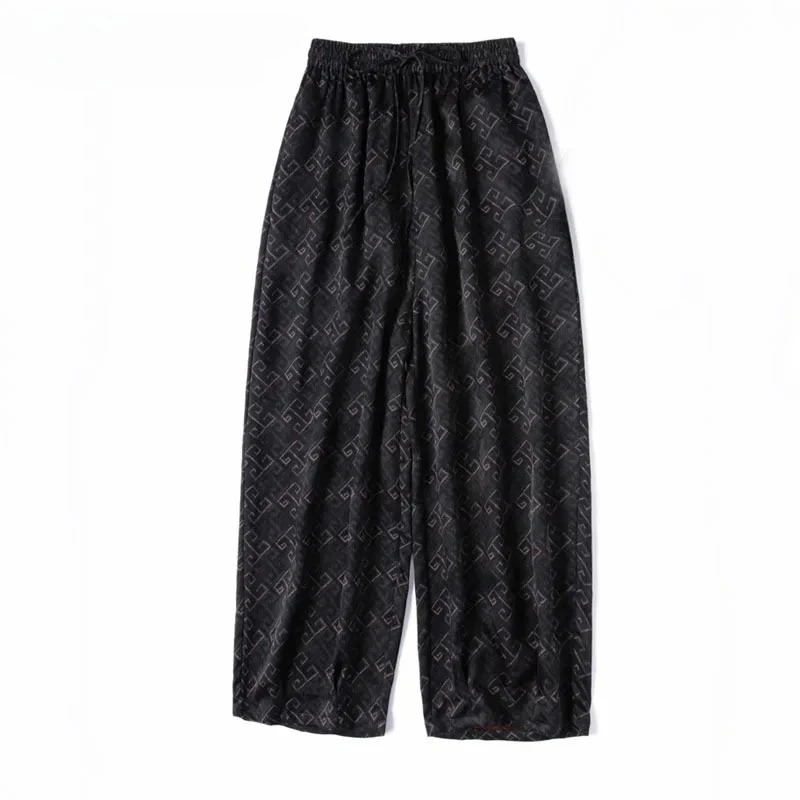 Women's Fashion Clothing 100% Natural Mulberry Silk Jacquard Gambiered Guangdong Gauze Elastic Waist Loose Harun Pants