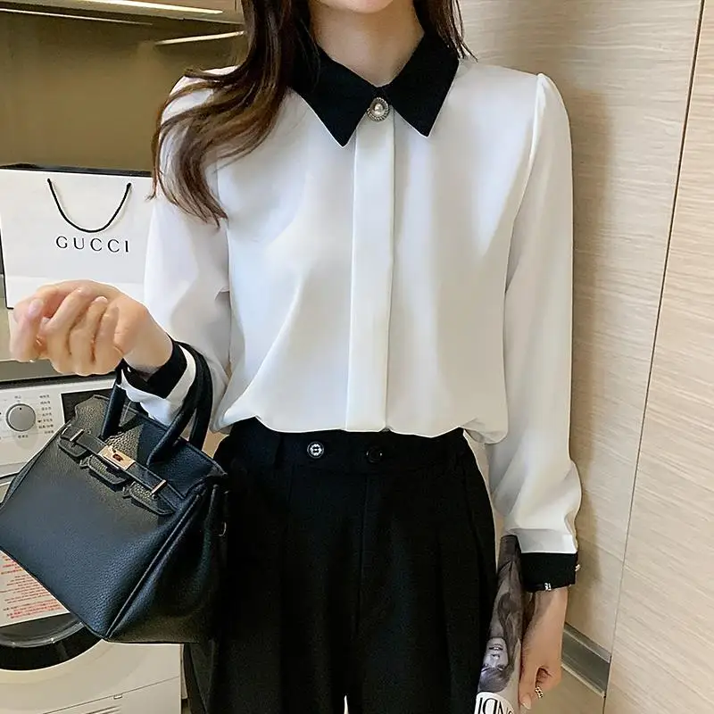 2024 Spring and Autumn Korean Fashion Minimalist Versatile Long Sleeve Blouses Loose Collar Solid Color Button Women\'s Shirt Top