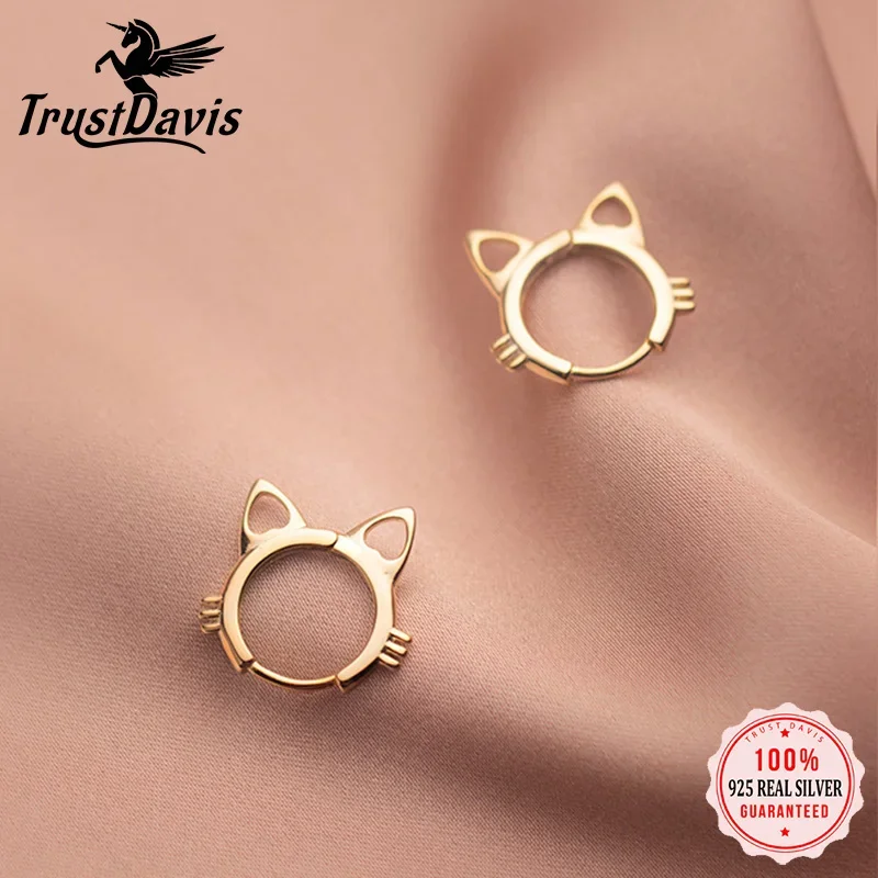

TrustDavis Real 925 Sterling Silver Fashion Sweet INS Cute Cat Charm Hoop Earring For Women Wedding Birthday Fine Jewelry DA2288