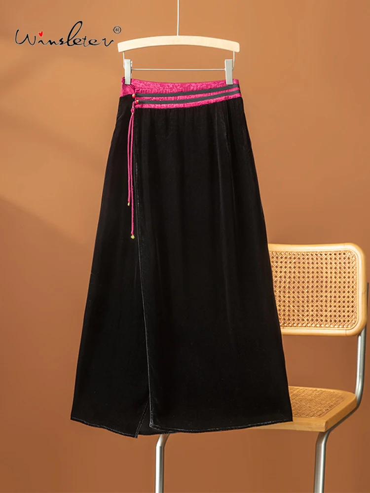 

Элегантная бархатная юбка Winsleter-Bottom из 100% шелка, с эластичной талией и бахромой, женская винтажная шикарная юбка А-силуэта, новинка весны 2026 года B62343CC