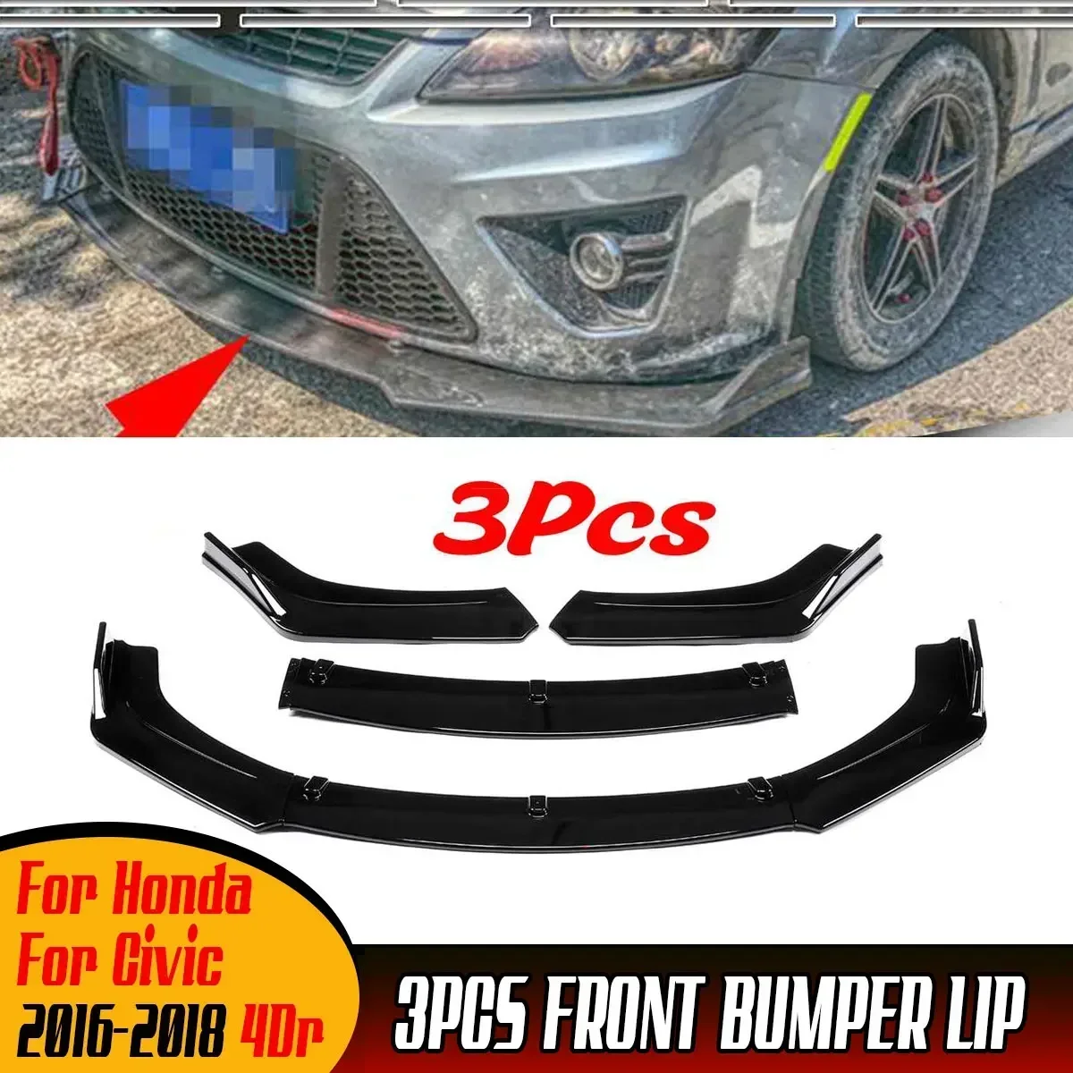 

High Quality Universal Car Front Bumper Splitter Lip Diffuser Spoiler Protector Cover For Honda For Civic 2016-2018 4Dr Body Kit