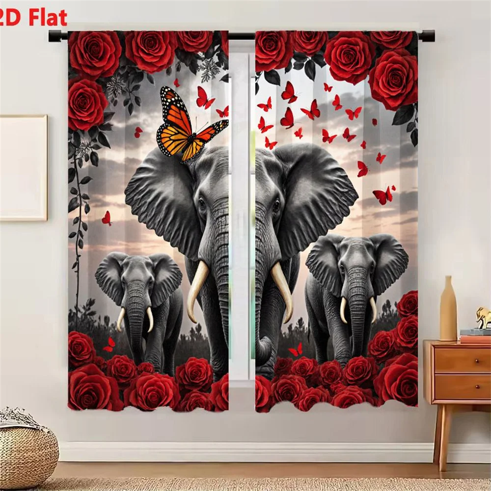 2Pcs Curtains 2D Flat Surreal Artistic Composition Black And White Elephants With Orange Black Monarch Butterfly Red Roses Green