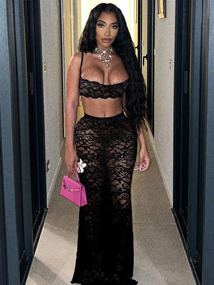 

Женский комплект из двух предметов, кружевное платье, лето 2025 года, укороченный топ на бретелях и макси-юбка, прозрачный сексуальный костюм, комплекты одежды для вечеринок в ночном клубе